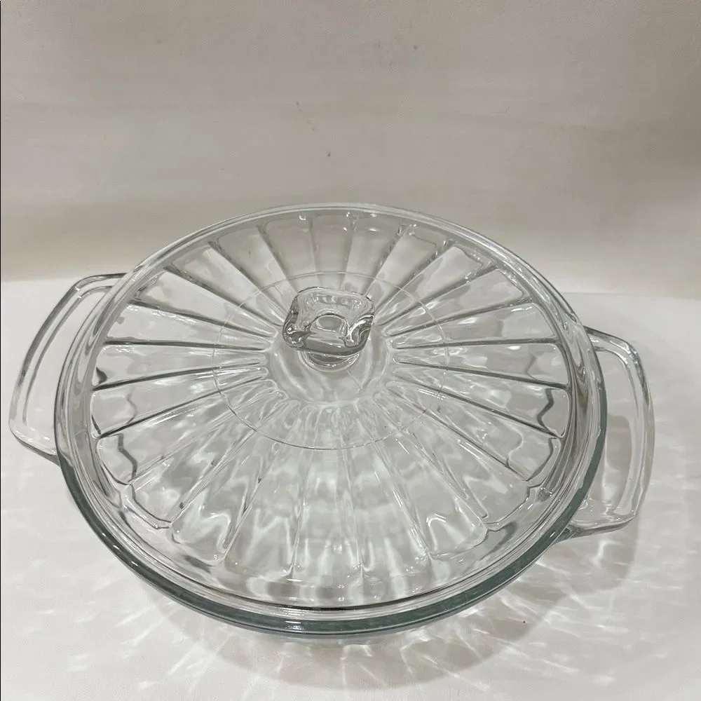 Anchor Hocking 2 Qt Glass Round Ribbed Baking Dish & Lid Handles 9X4 In Vintage